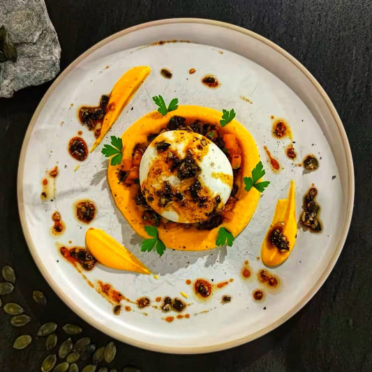 Burrata et courge butternut en plusieurs textures