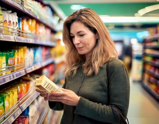 Femme de 40 ans dans un supermarché en train de lire l'étiquette d'un produit alimentaire