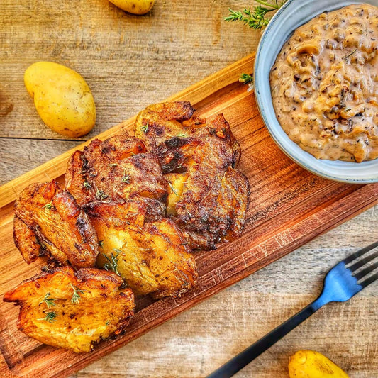 Smashed potatoes au lard croustillant