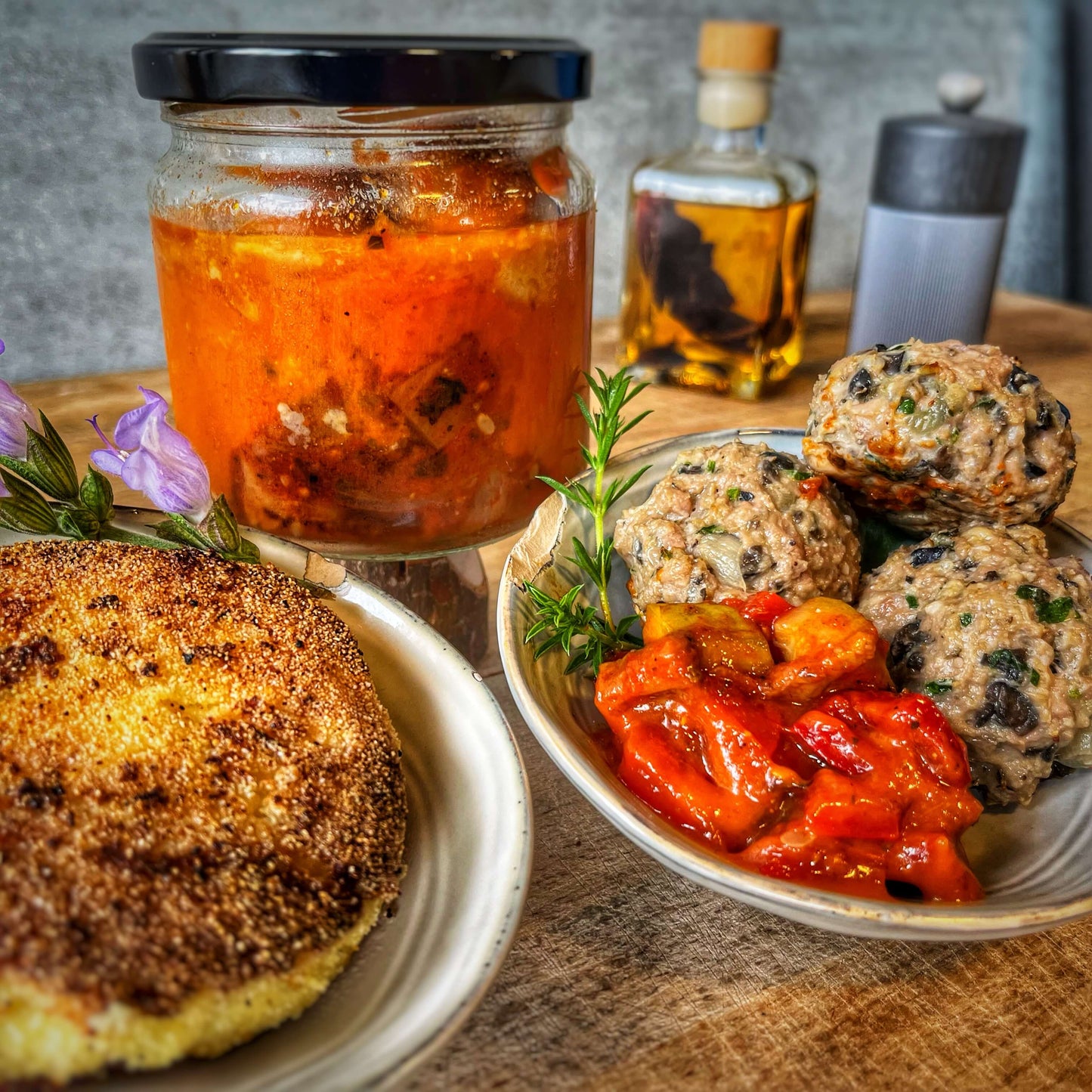 Boulettes de porc aux olives, mini-ratatouille et polenta