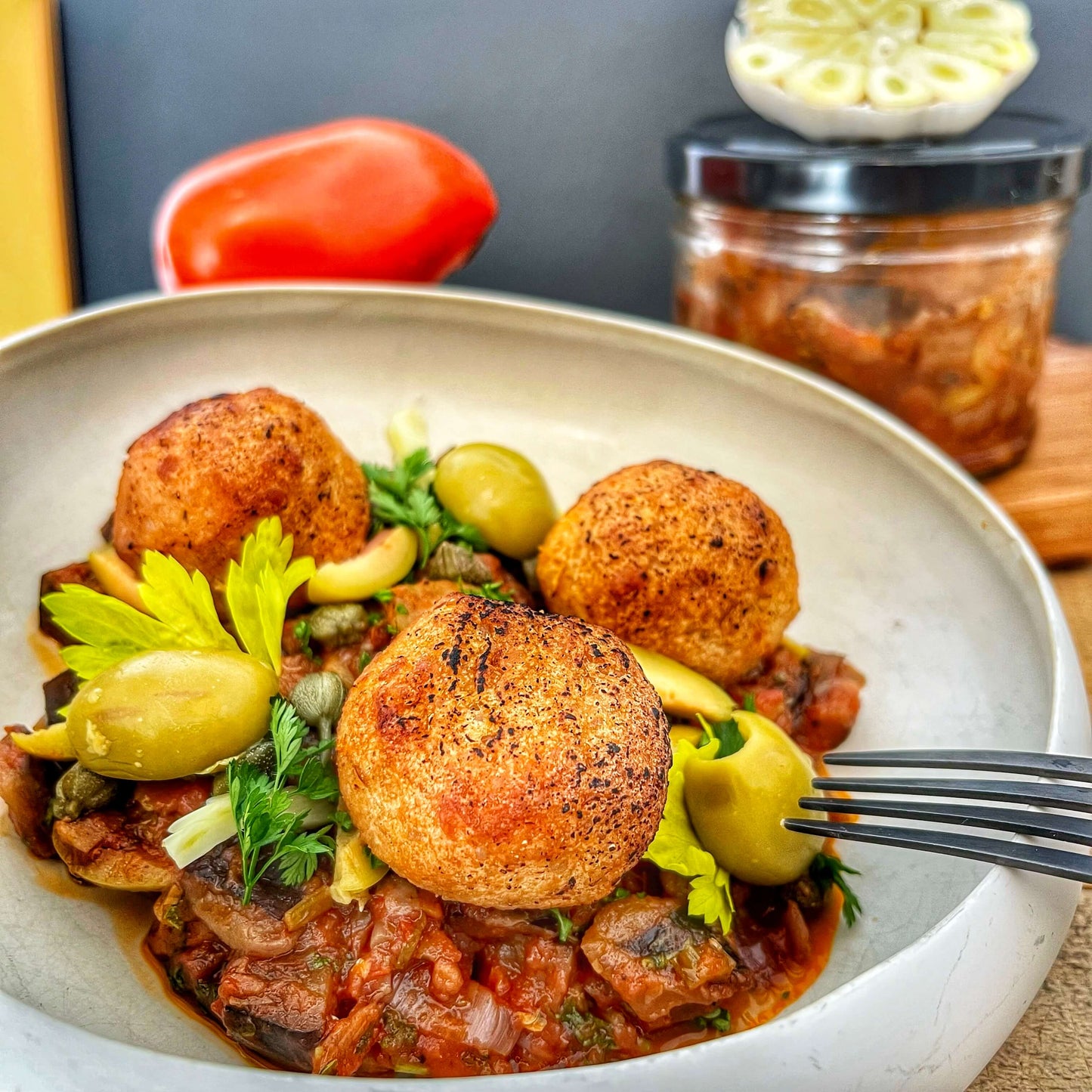 Caponata & boulettes lentilles-quinoa