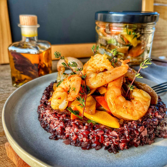 Gambas rôties & poêlée forestière